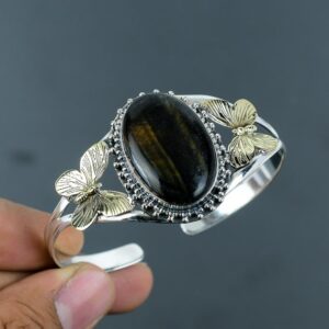Pietersite Cuff Bracelet: Sterling Silver, 18k Gold Butterfly Bangle