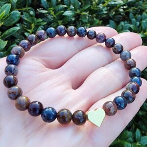 Pietersite Gemstone Beaded Bracelet, Gold Heart Bracelet, Stretchy Bracelet, 6mm Gemstone Bracelet, Dainty Bracelet, Pretty Bracelet Gift