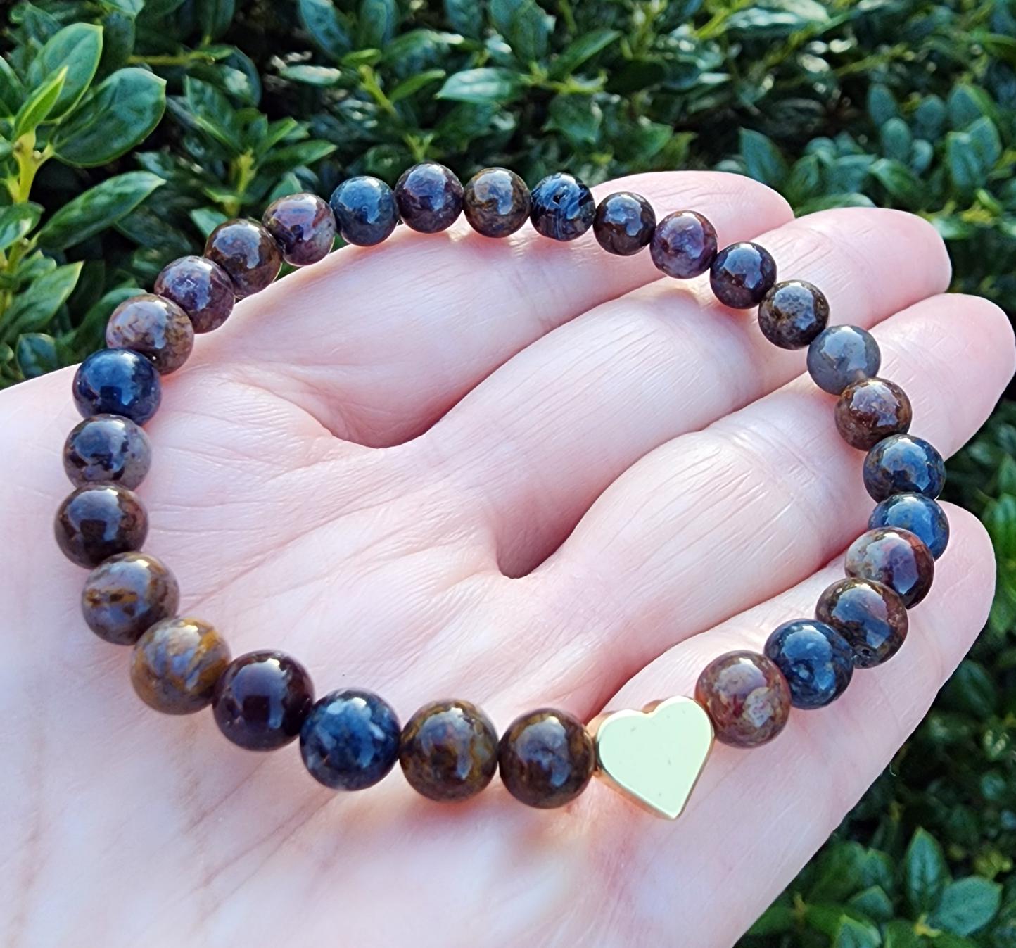 Pietersite Gemstone Beaded Bracelet, Gold Heart Bracelet, Stretchy Bracelet, 6mm Gemstone Bracelet, Dainty Bracelet, Pretty Bracelet Gift