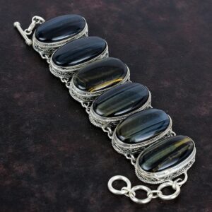 Pietersite Gemstone Bracelet: Vintage 925 Sterling Silver Adjustable Chain