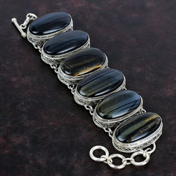 Pietersite Gemstone Bracelet: Vintage 925 Sterling Silver Adjustable Chain Pietersite Gemstone Bracelet: Vintage 925 Sterling Silver Adjustable Chain