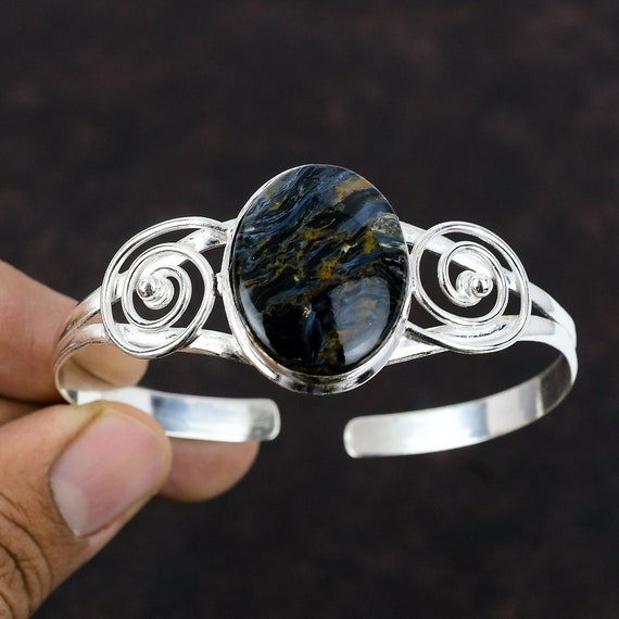Handmade Pietersite Bangle: Adjustable 925 Sterling Silver Cuff