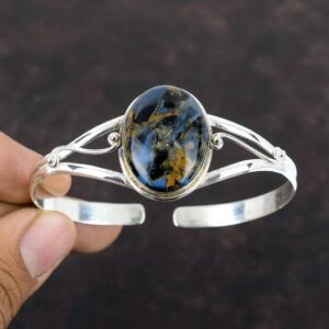 Handmade Pietersite Bangle: Dainty 925 Sterling Silver Adjustable Cuff