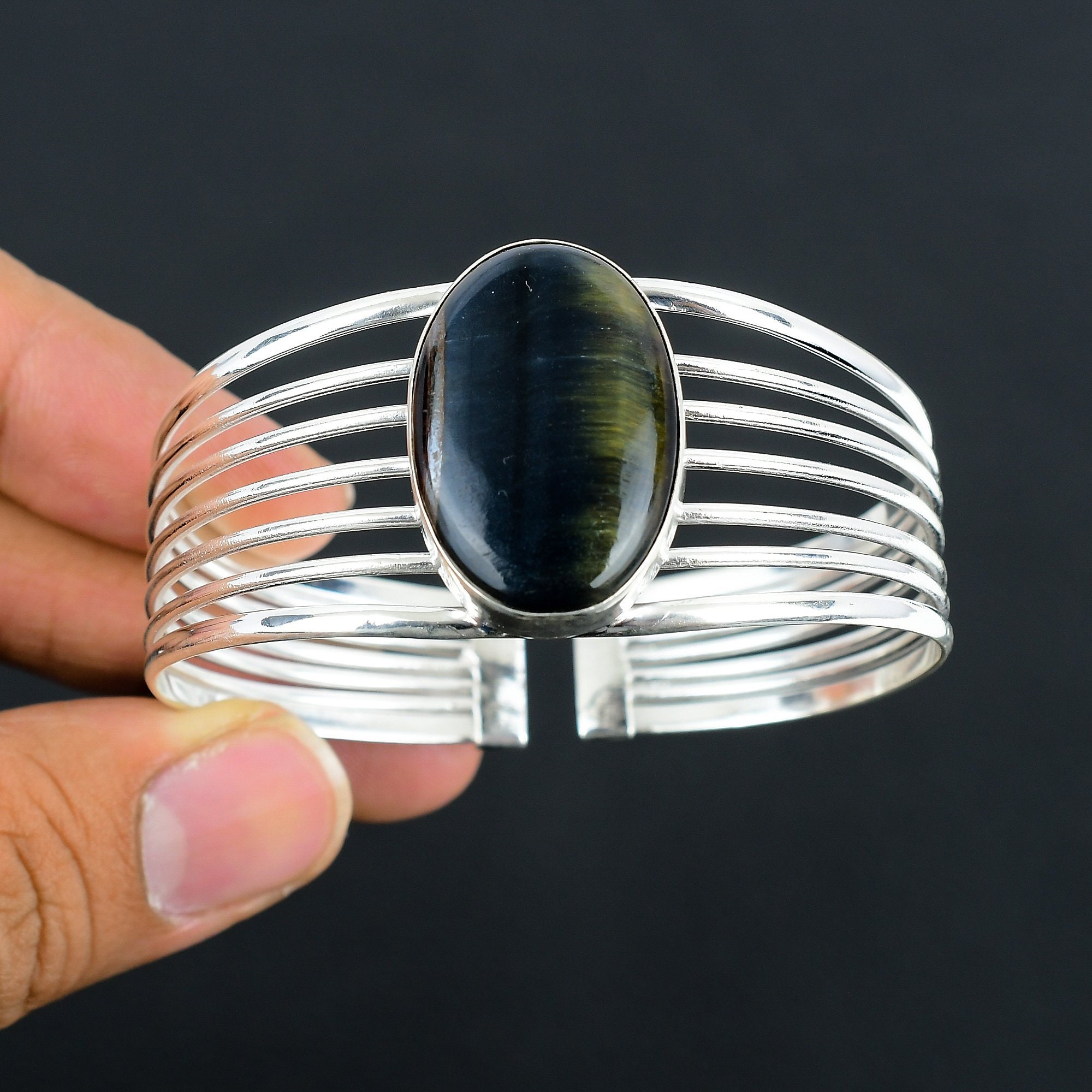 Handmade Pietersite Cuff Bracelet: Adjustable 925 Sterling Silver Bangle