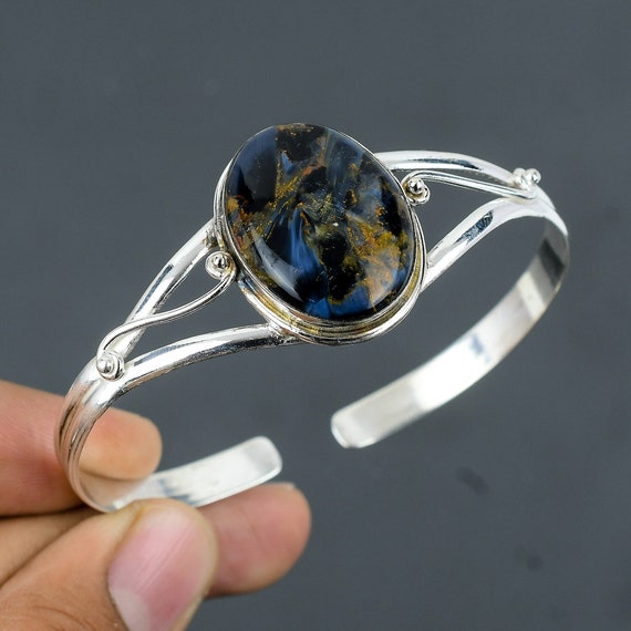 Handmade Pietersite Cuff Bracelet: Adjustable 925 Sterling Silver Bangle
