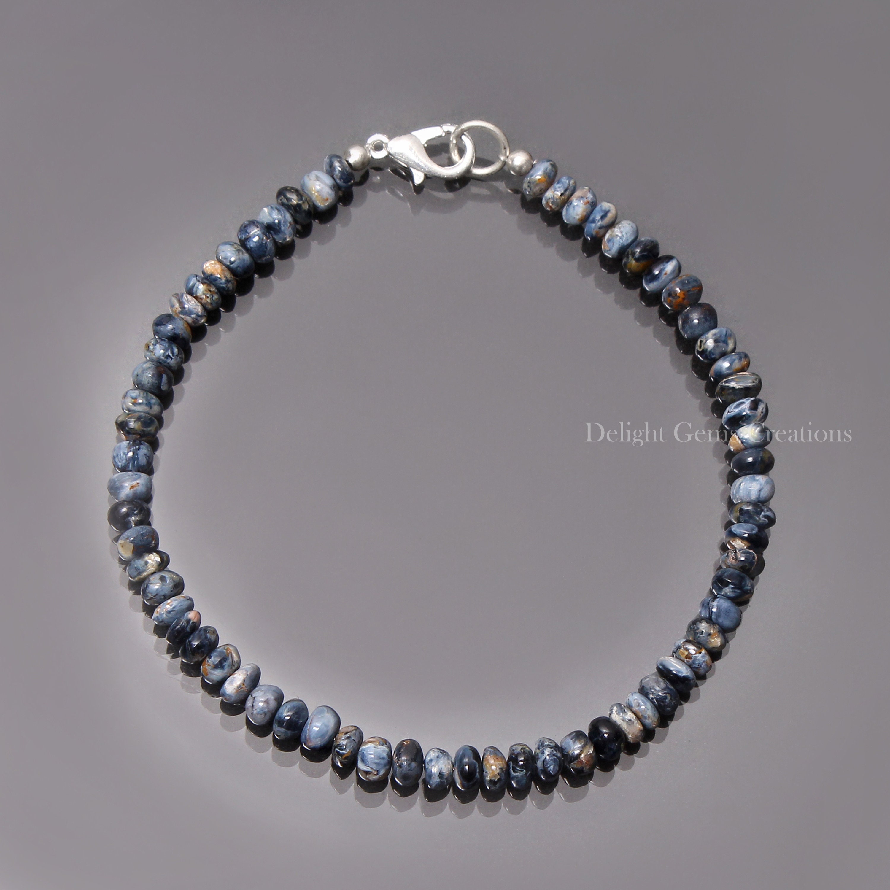 Natural Peitersite Beads Bracelet, 4mm-5mm Blue Pietersite Smooth Rondelle Beads Bracelet, Pietersite Jewelry, Pietersite Silver Bracelet