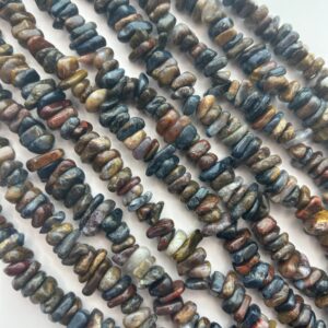 Pietersite Gemstone Irregular Sliced Chips. 16" Strand Of High Quality 8-12mm Thick Chip Beads. Mix Of Blue And Brown.