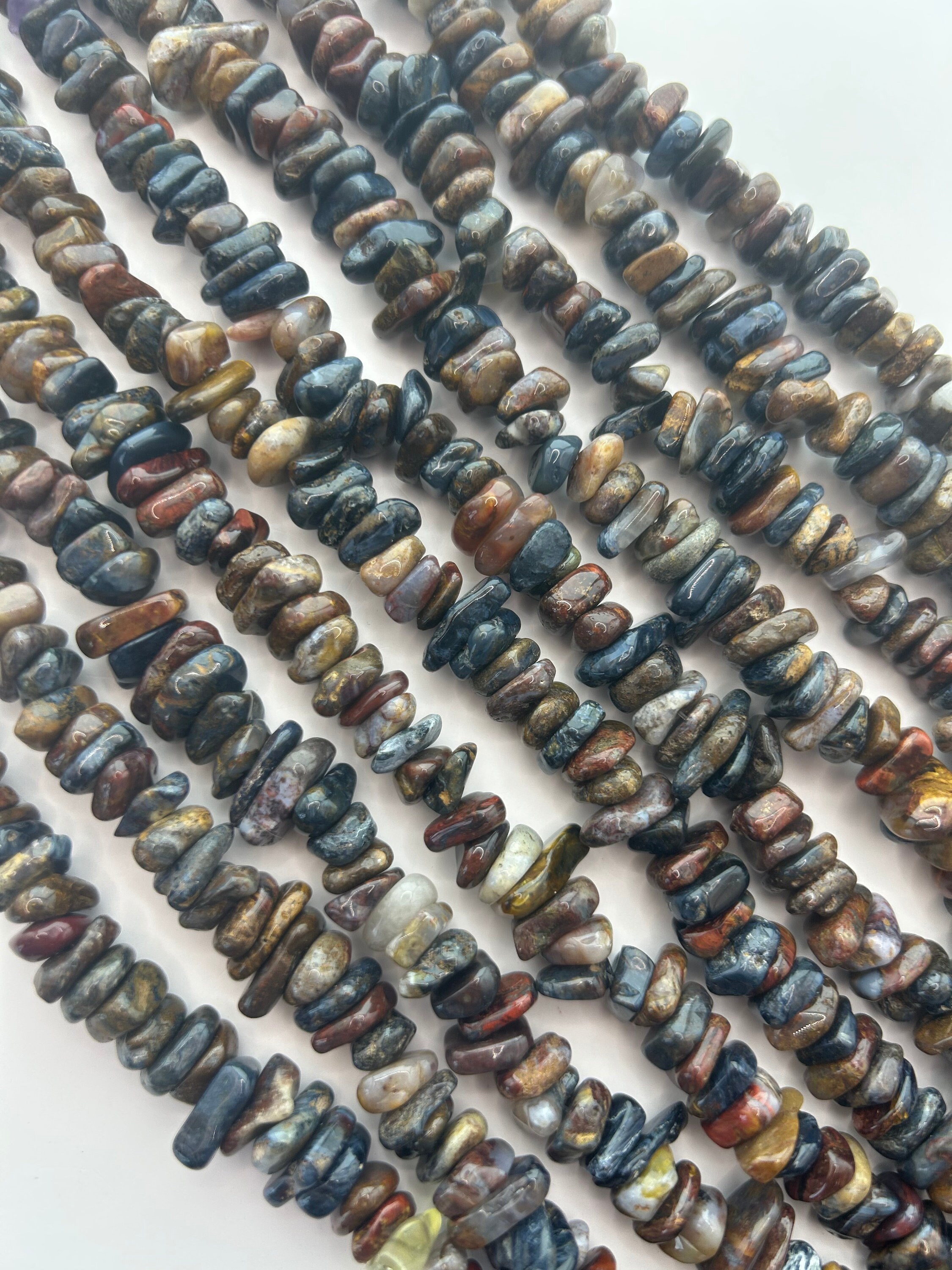 Pietersite Gemstone Irregular Sliced Chips. 16" Strand Of High Quality 8-12mm Thick Chip Beads. Mix Of Blue And Brown.