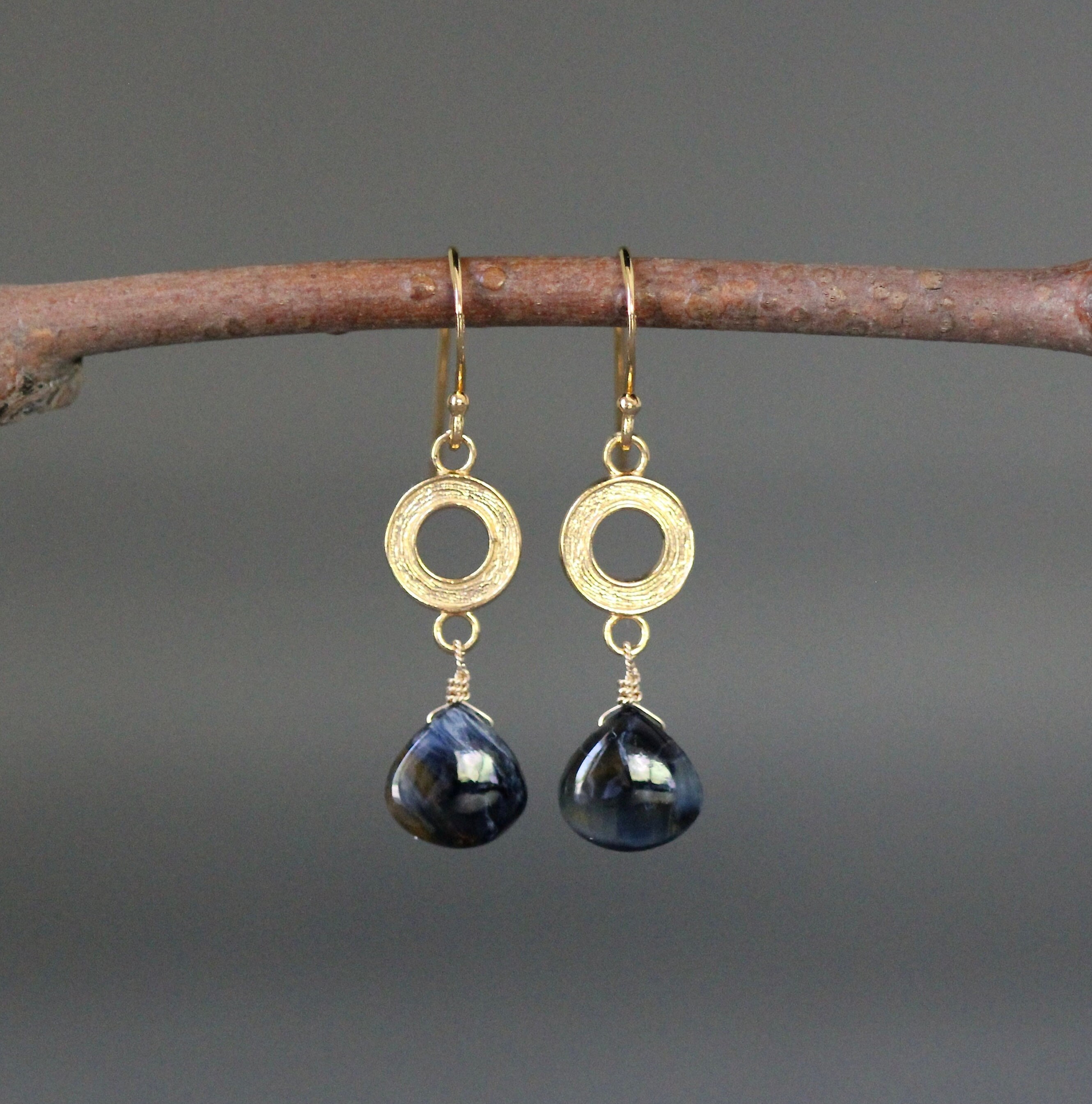Pietersite Earrings - Blue Gemstone Earrings - Blue And Gold Earrings - Brushed Gold Earrings - Marbled Stone Earrings - Smooth Gemstones