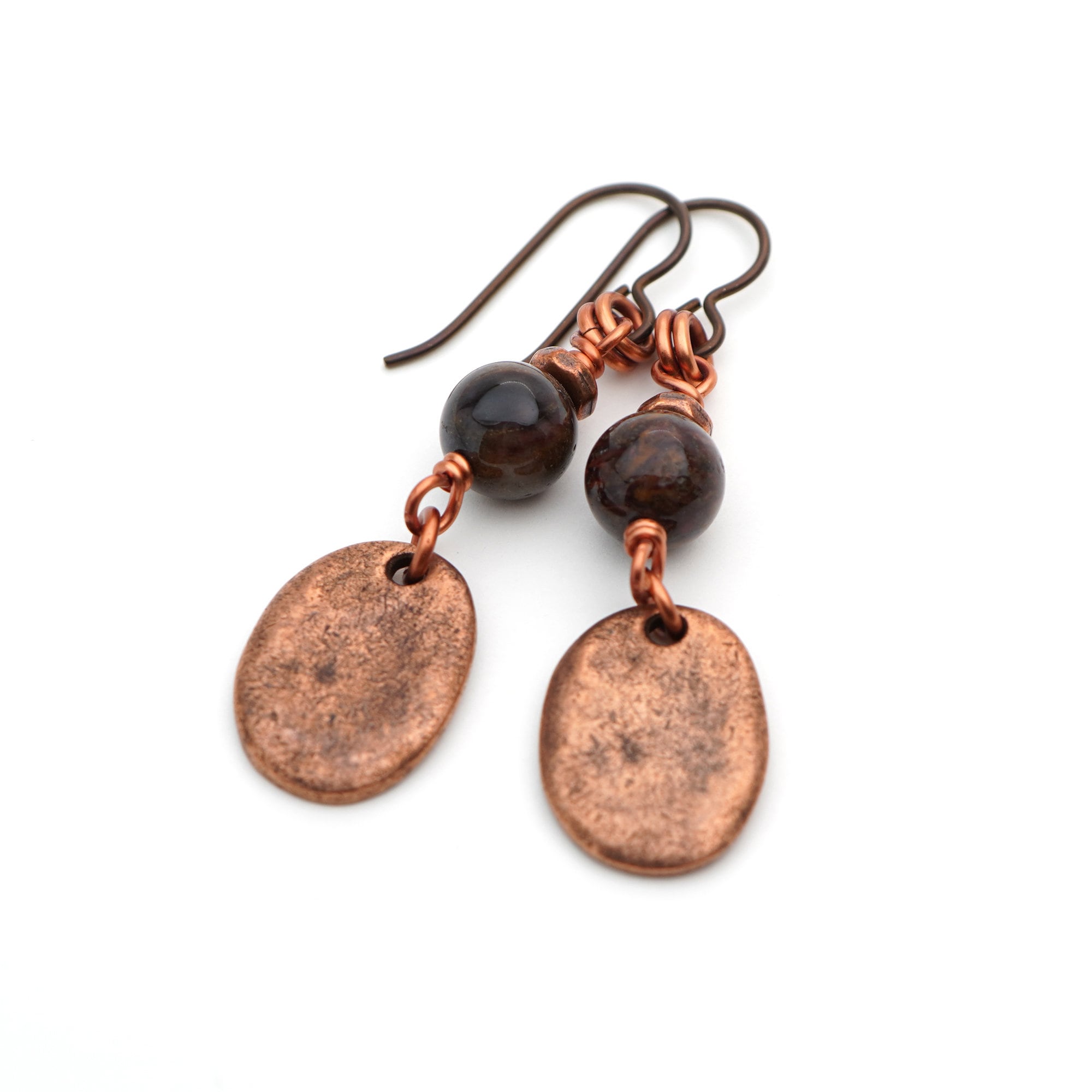 Brown Stone And Oval Copper Charm Earrings, Pietersite Beads, Boho Stone Jewelry, 2 Inches Long