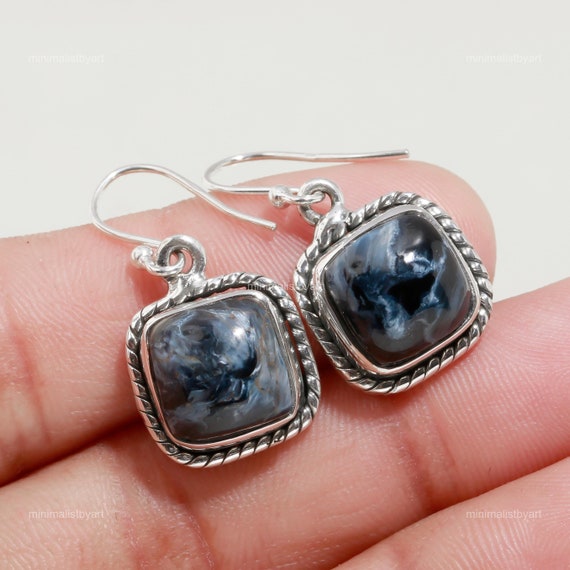 Pietersite Gemstone Earrings: Blue 925 Silver Plated Drop Earrings Pietersite Gemstone Earrings: Blue 925 Silver Plated Drop Earrings