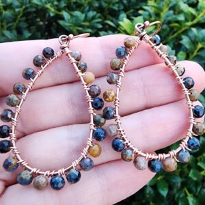 Pietersite Gemstone Dangle Earrings Copper, Large Teardrop Wire Wrapped Gemstone Hoop Earrings, Brown and Blue Earrings, Handmade Earrings