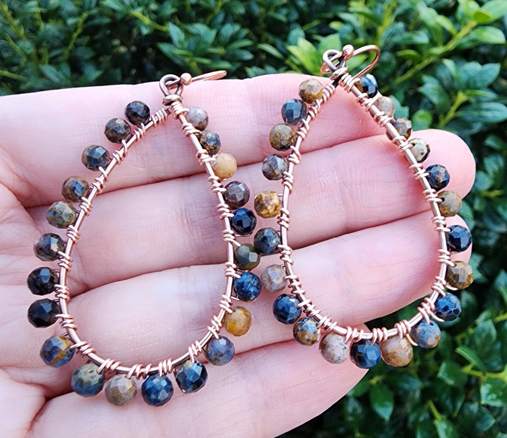 Pietersite Gemstone Dangle Earrings Copper, Large Teardrop Wire Wrapped Gemstone Hoop Earrings, Brown And Blue Earrings, Handmade Earrings