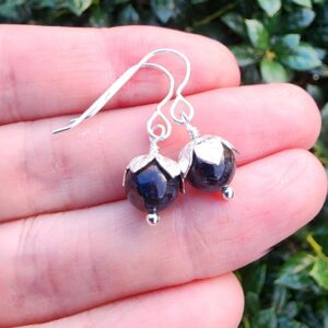 Pietersite Gemstone Earrings Sterling Silver, Small Round 8mm Dark Brown Gemstone Dangle Earrings, 1 Inch Earrings, Ball Sphere Earrings