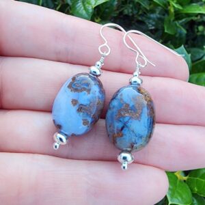 Pietersite Gemstone Earrings Sterling Silver, Pietersite Jewelry, Oval Shape Gemstone Dangle and Drop Earrings, Blue and Brown Earrings