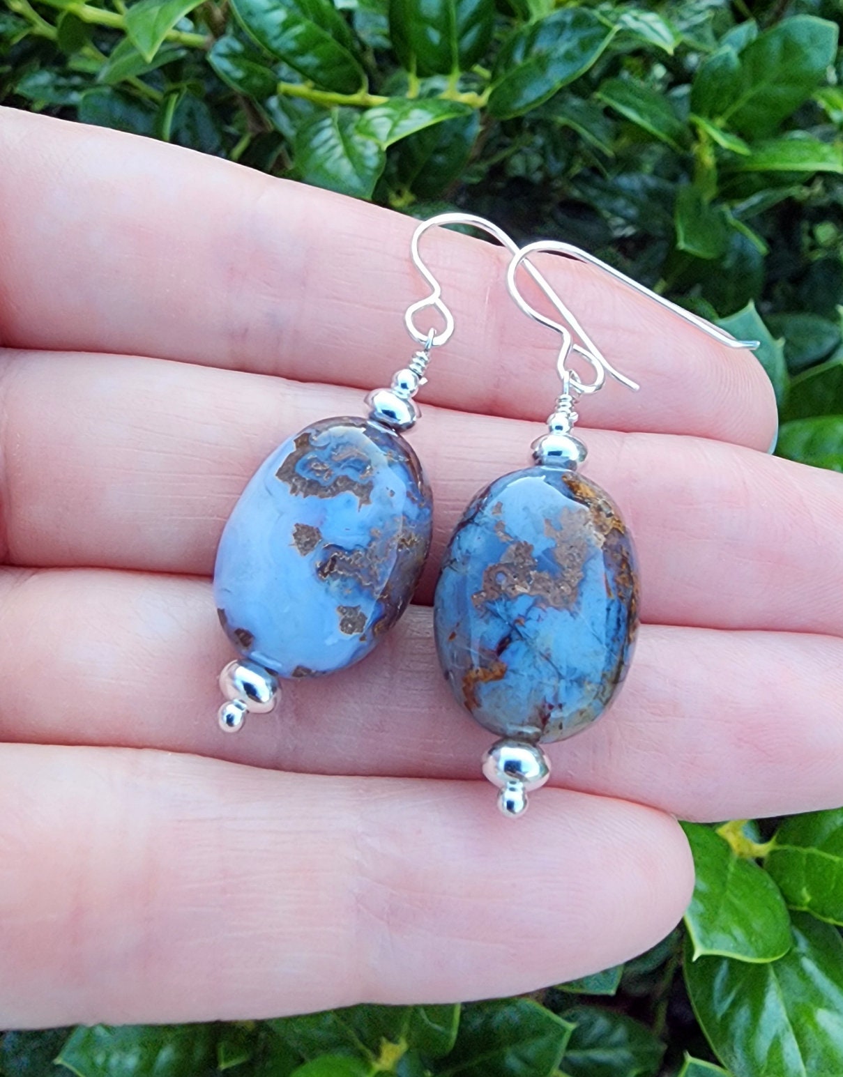 Pietersite Gemstone Earrings Sterling Silver, Pietersite Jewelry, Oval Shape Gemstone Dangle And Drop Earrings, Blue And Brown Earrings