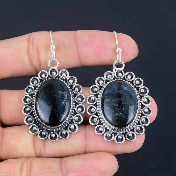 Handmade Pietersite 925 Sterling Silver Earrings: Oval Gemstone Jewelry