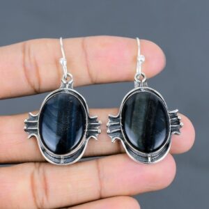 Handmade Oval Pietersite Dangle Earrings, 925 Sterling Silver