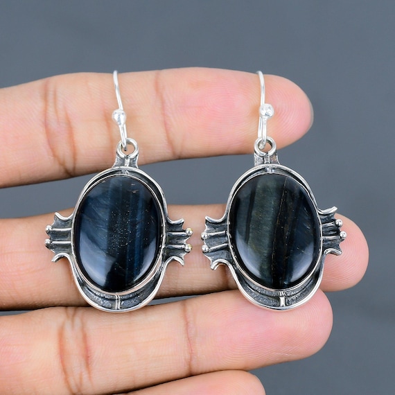 Handmade Oval Pietersite Dangle Earrings, 925 Sterling Silver