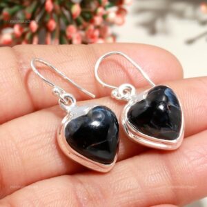 Pietersite Heart Earrings: Blue Gemstone, Silver Plated Dangle Jewelry
