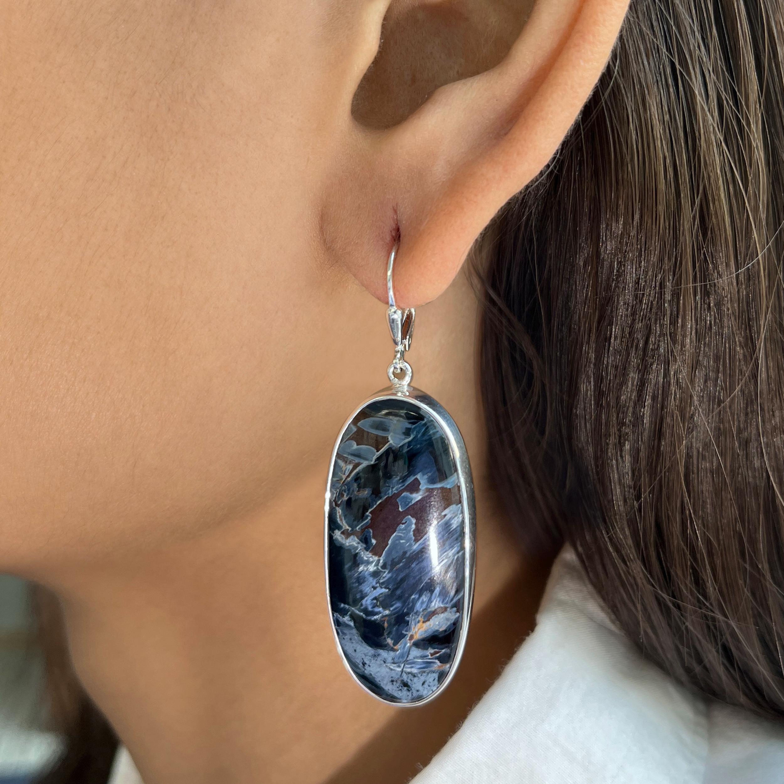 Pietersite Leverback Earring / 925 Sterling Silver / Healing Gemstone / Gifts For Her / Oval Cab / Pietersite Statement Earring Pit-e-7.