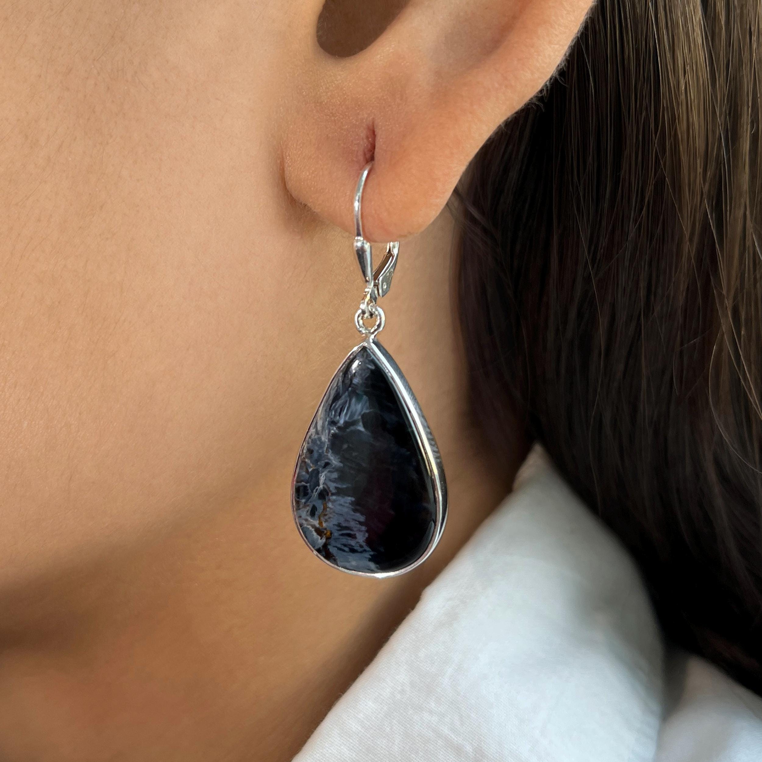 Pietersite Leverback Earring / 925 Sterling Silver / Healing Gemstone / Gifts For Her / Pear Cab / Pietersite Statement Earring Pit-e-26.