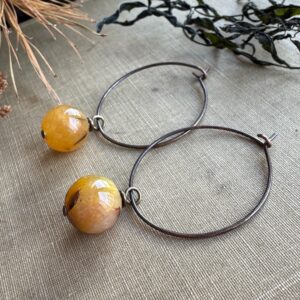 Pietersite Earrings, Natural Golden Brown Gemstone Earrings on Oxidized Brass Hoops