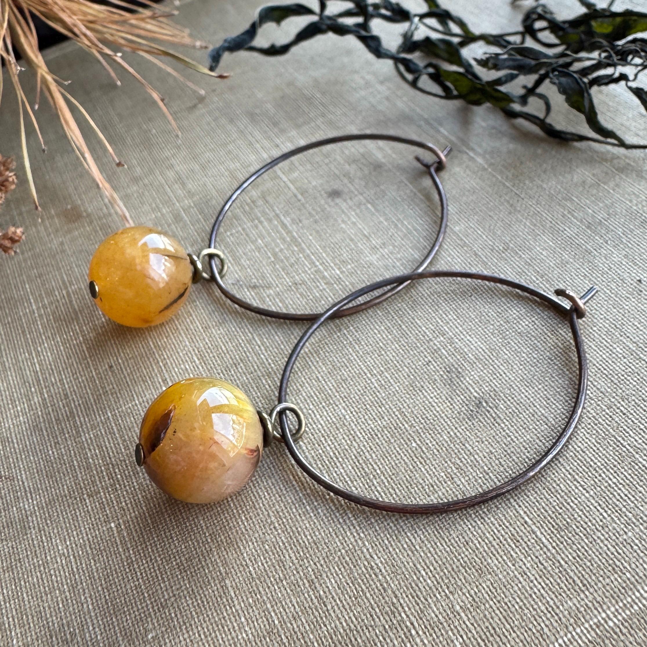 Pietersite Earrings, Natural Golden Brown Gemstone Earrings On Oxidized Brass Hoops