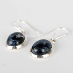 Pietersite Earrings: Oval Gemstone Dangle Drop, 925 Sterling Silver Pietersite Earrings: Oval Gemstone Dangle Drop, 925 Sterling Silver
