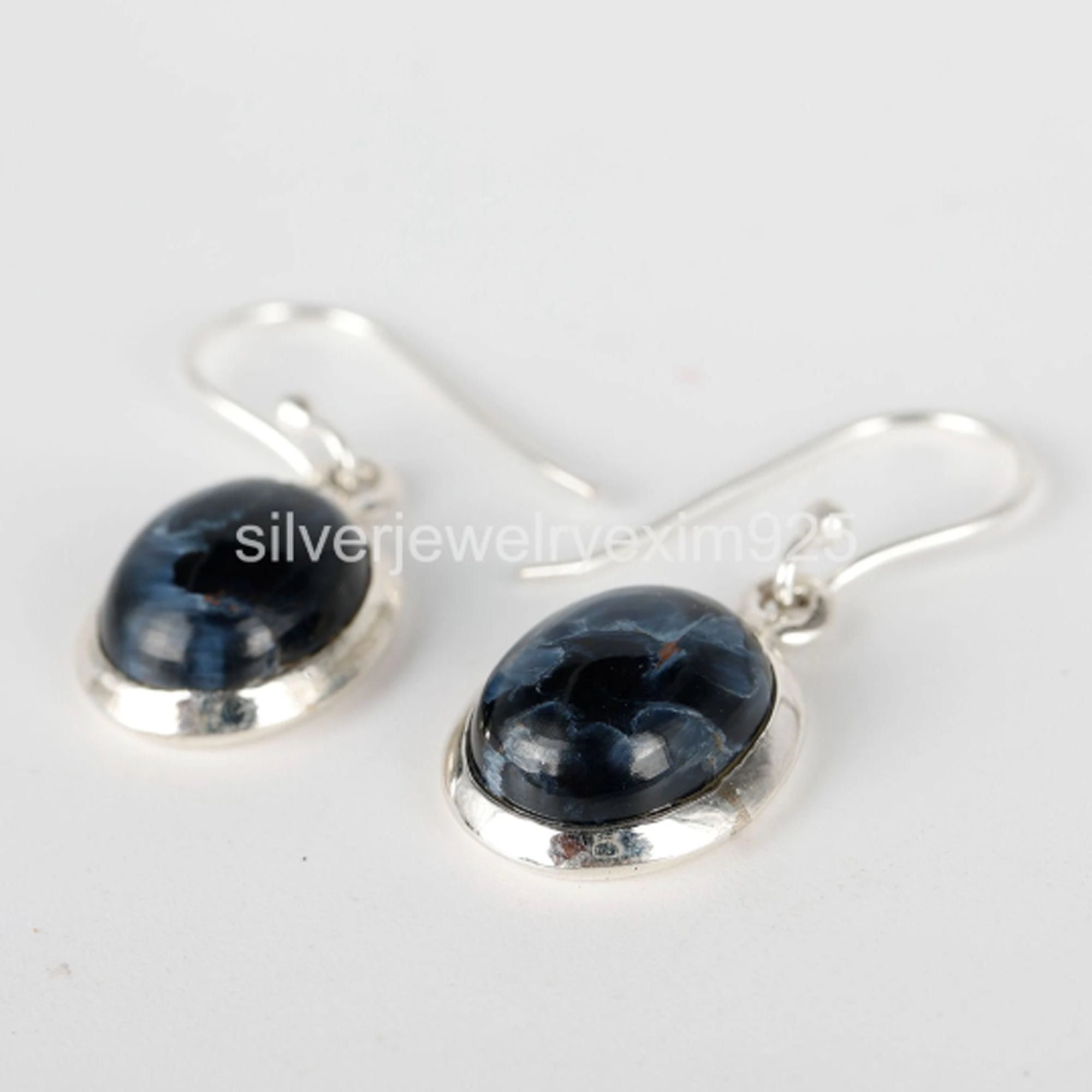 Pietersite Earrings: Oval Gemstone Dangle Drop, 925 Sterling Silver