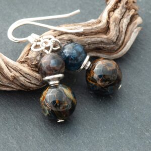 Pietersite Earrings, Rare Natural Stone Brown and Dark Blue Dangles, 925 Sterling Silver French Ear Wires
