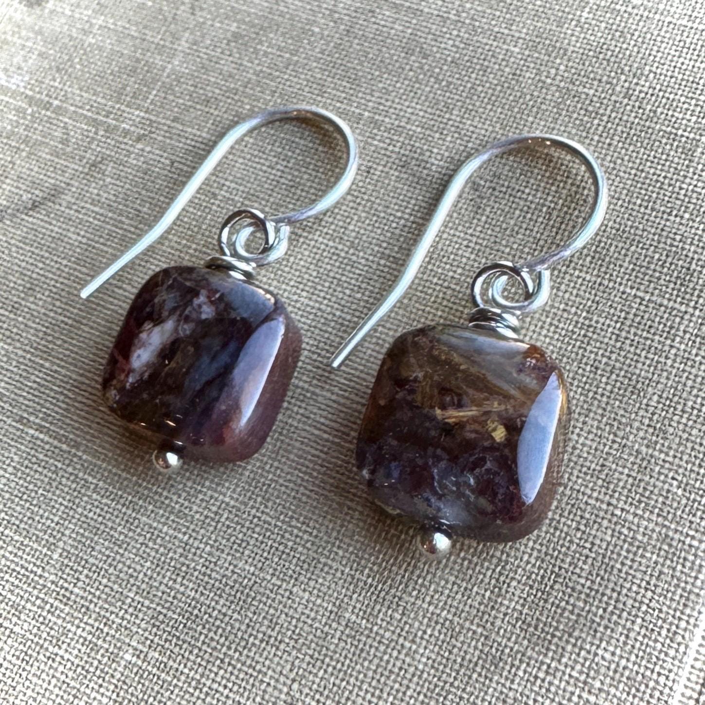 Rust Red Stone Earrings, Pietersite Earrings On Stainless Steel