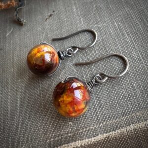 Pietersite Earrings, Shimmery Brown Beige Rust Stone Earrings on Dark Silver