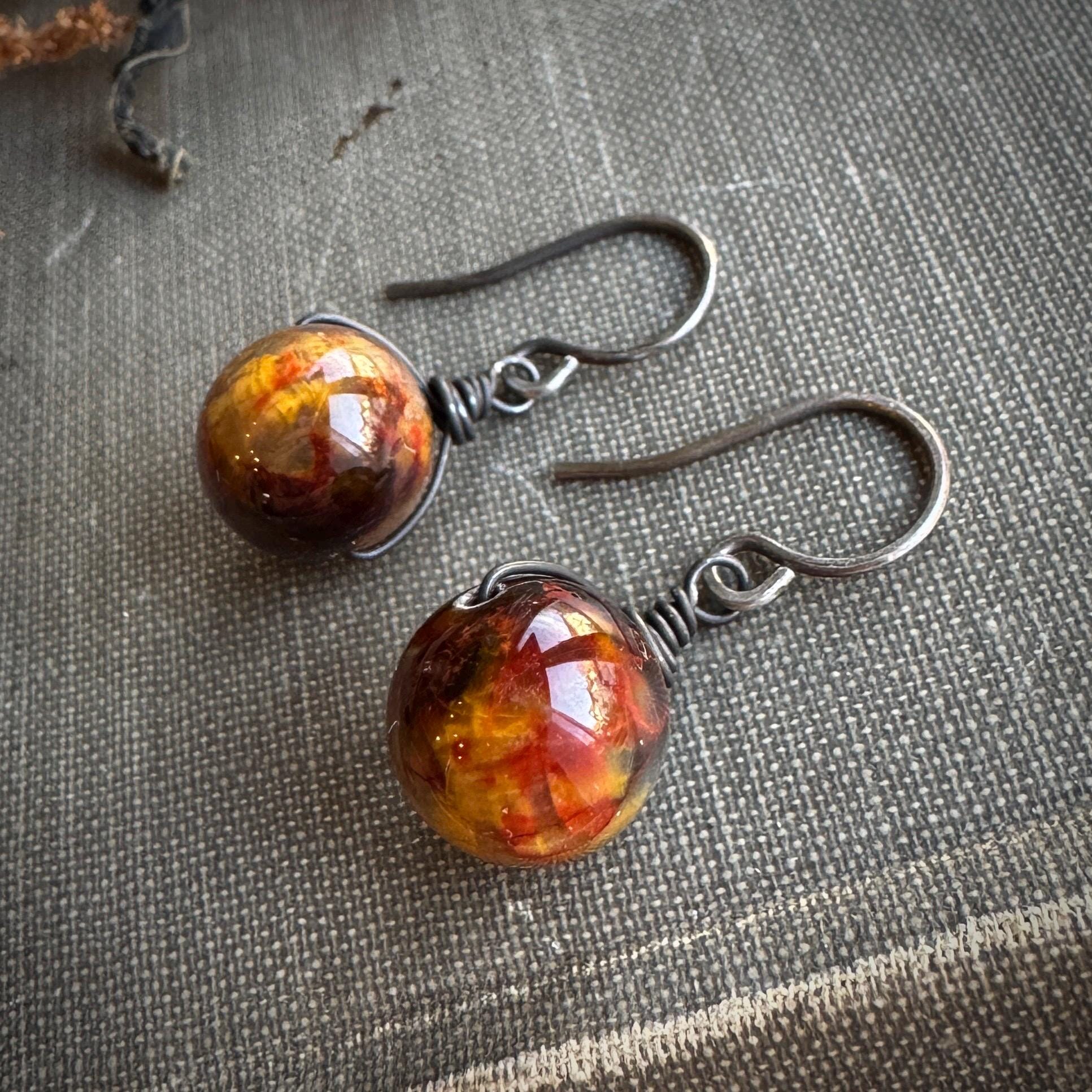 Pietersite Earrings, Shimmery Brown Beige Rust Stone Earrings On Dark Silver