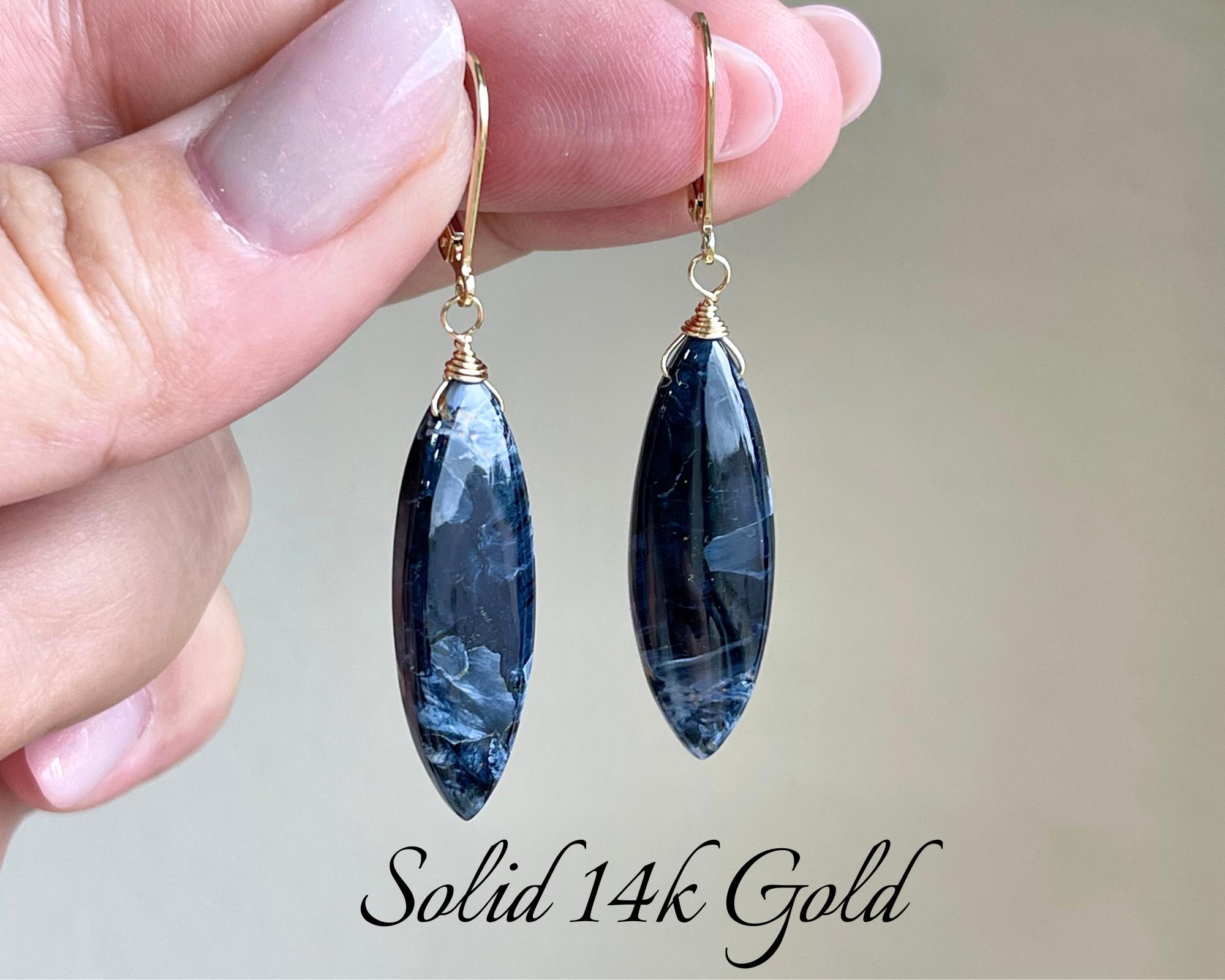 Pietersite Solid 14k Gold Earrings, Navy Blue And Yellow Statement Elongated Drop Earrings, Real 14k Gold Jewelry, Unique Gift For Women