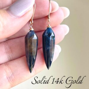 Pietersite Solid 14k Gold Earrings, Navy Blue and Yellow Statement Elongated Icicle Earrings, Real 14k Gold Jewelry, Unique Gift for women