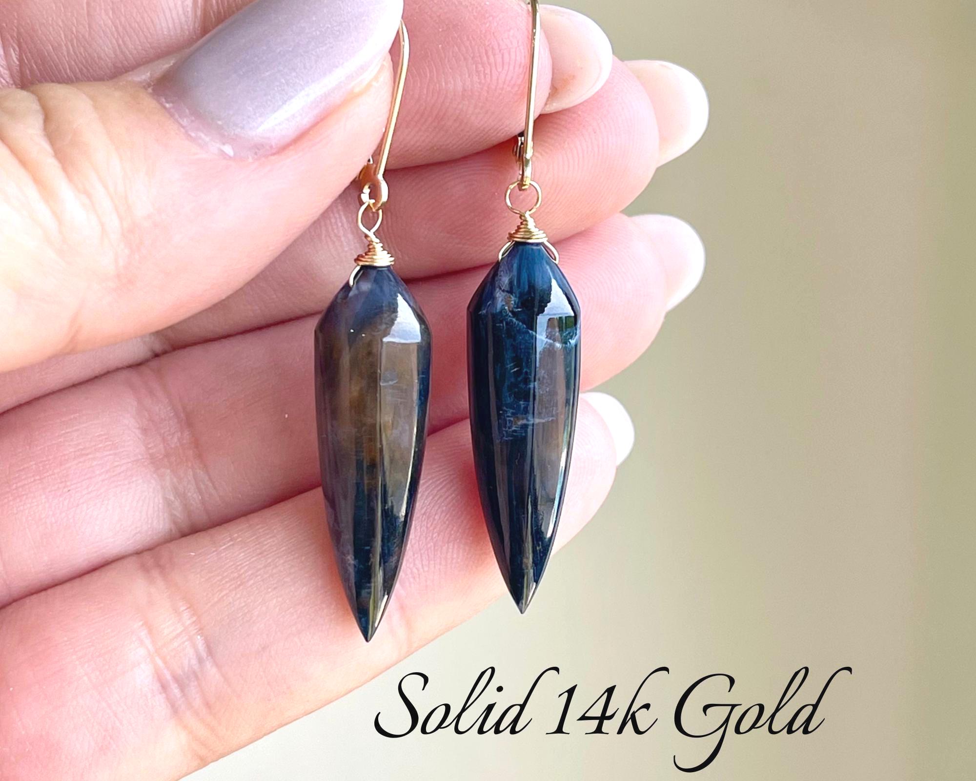 Pietersite Solid 14k Gold Earrings, Navy Blue And Yellow Statement Elongated Icicle Earrings, Real 14k Gold Jewelry, Unique Gift For Women