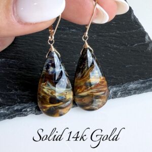 Pietersite Solid 14k Gold Earrings, Navy Blue and Yellow Statement Teardrop Earrings, Genuine 14 karat Gold Jewelry, One of a Kind Mom Gift