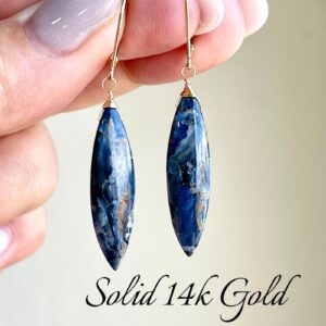 Pietersite Solid 14k Gold Earrings, Navy Blue and Yellow Statement Elongated Drop Earrings, Real 14k Gold Jewelry, Unique Gift for women