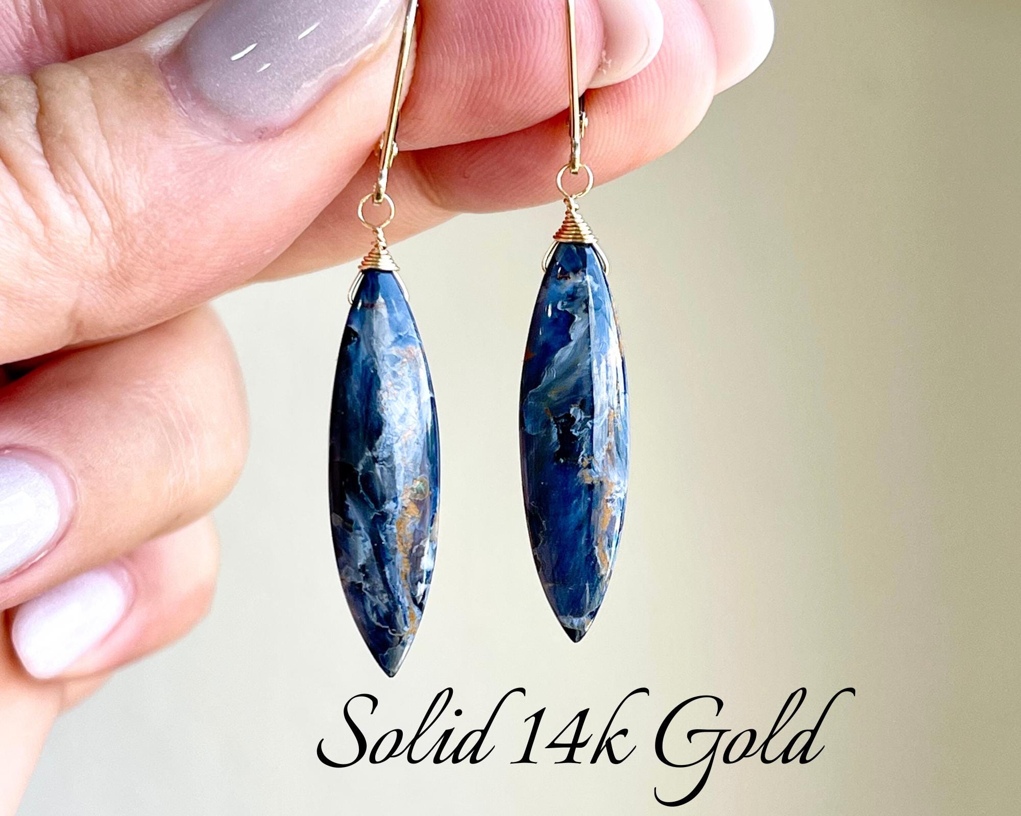 Pietersite Solid 14k Gold Earrings, Navy Blue And Yellow Statement Elongated Drop Earrings, Real 14k Gold Jewelry, Unique Gift For Women