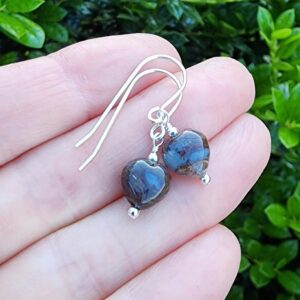 Tiny Pietersite Gemstone Heart Shape Earrings Sterling Silver, Brown and Blue Gemstone Dangle Earrings, Pietersite Jewelry, Heart Jewelry