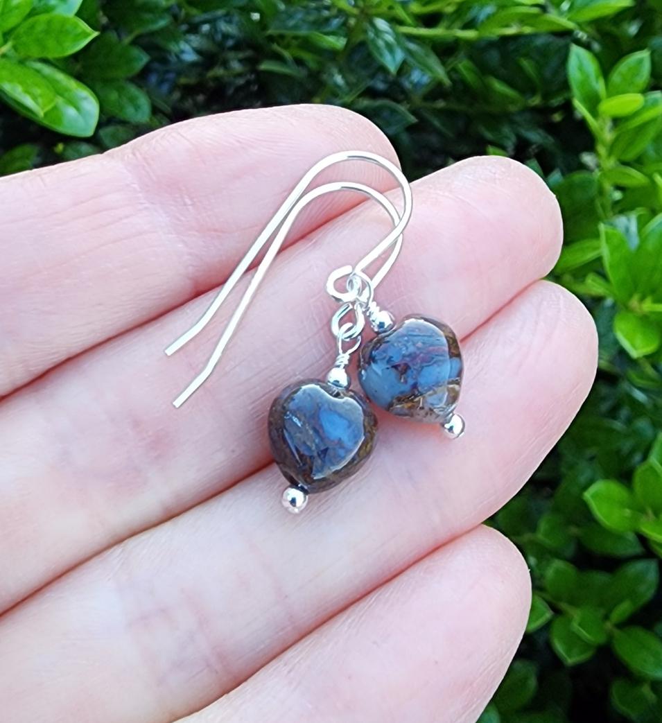 Tiny Pietersite Gemstone Heart Shape Earrings Sterling Silver, Brown And Blue Gemstone Dangle Earrings, Pietersite Jewelry, Heart Jewelry