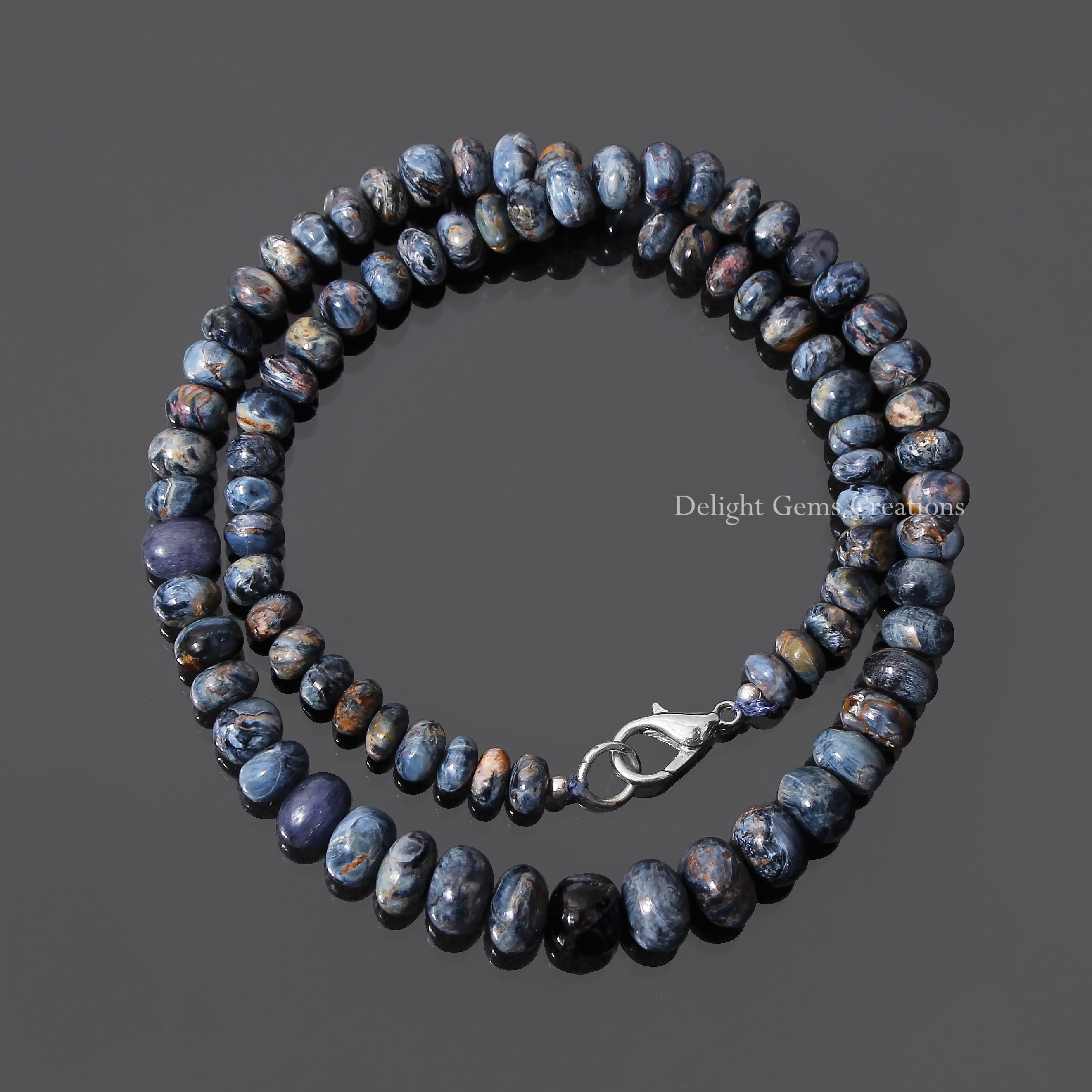 Blue Pietersite Gemstone Necklace, Rondelle Beads, 17 Inch
