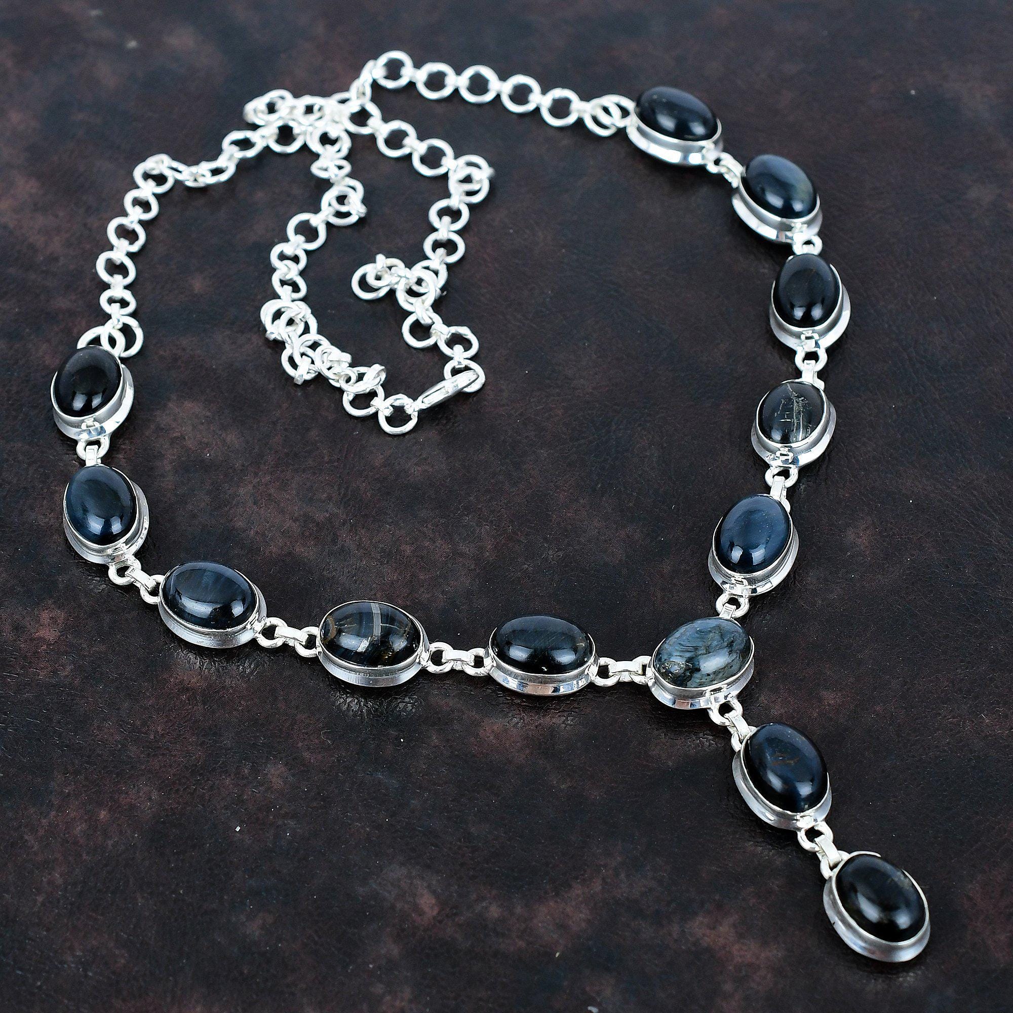 Handmade Pietersite Gemstone Necklace, 925 Sterling Silver, 20" Adjustable Chain