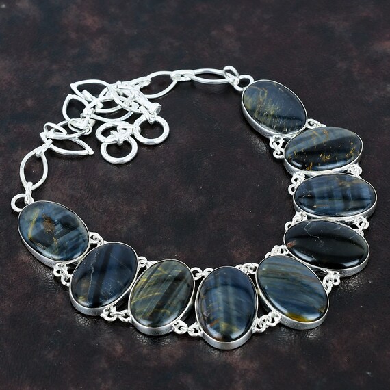 Handmade Pietersite Gemstone Necklace: 925 Sterling Silver, Adjustable Chain