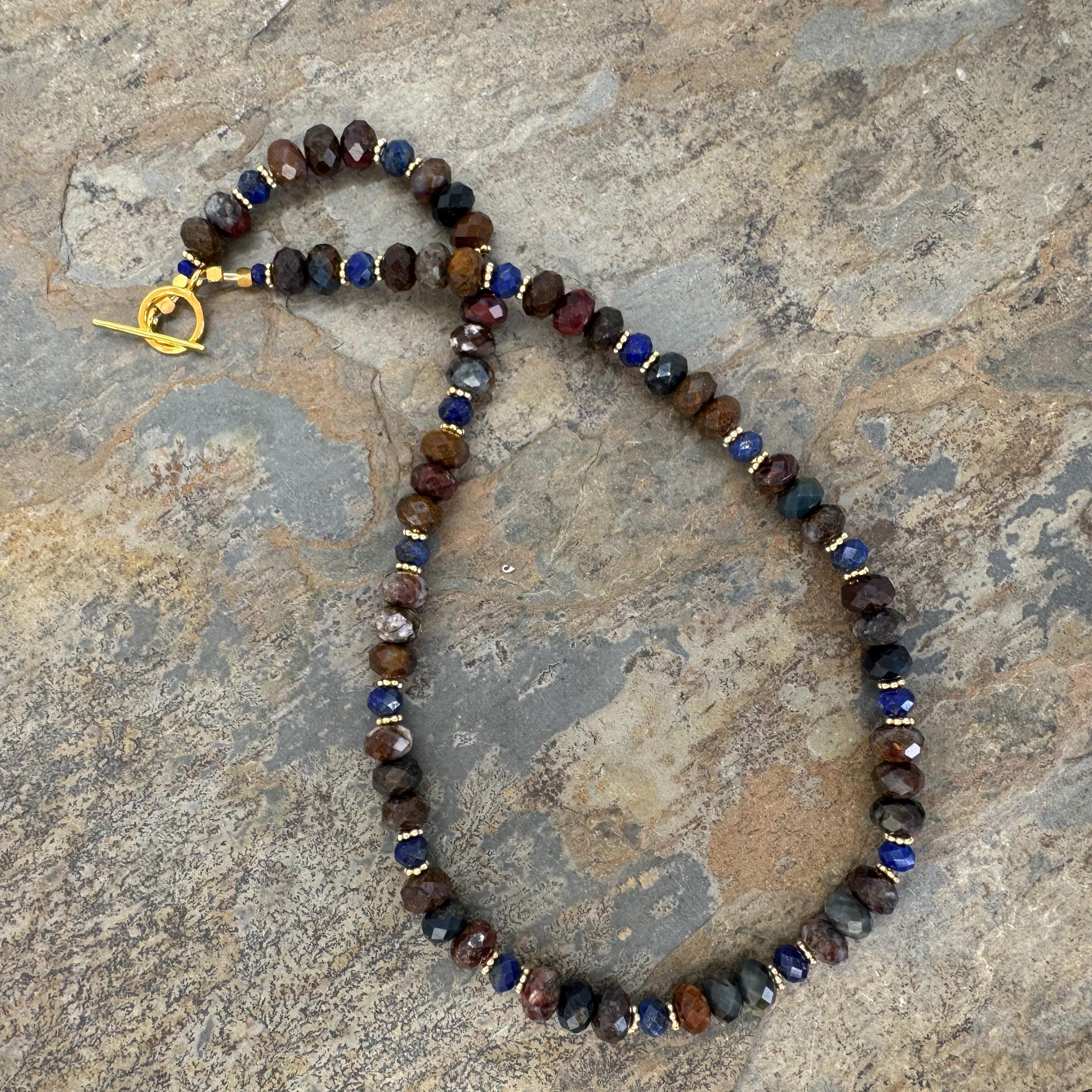 Pietersite Necklace With Lapis Lazuli And Vermeil Gold, 18 Inches Long