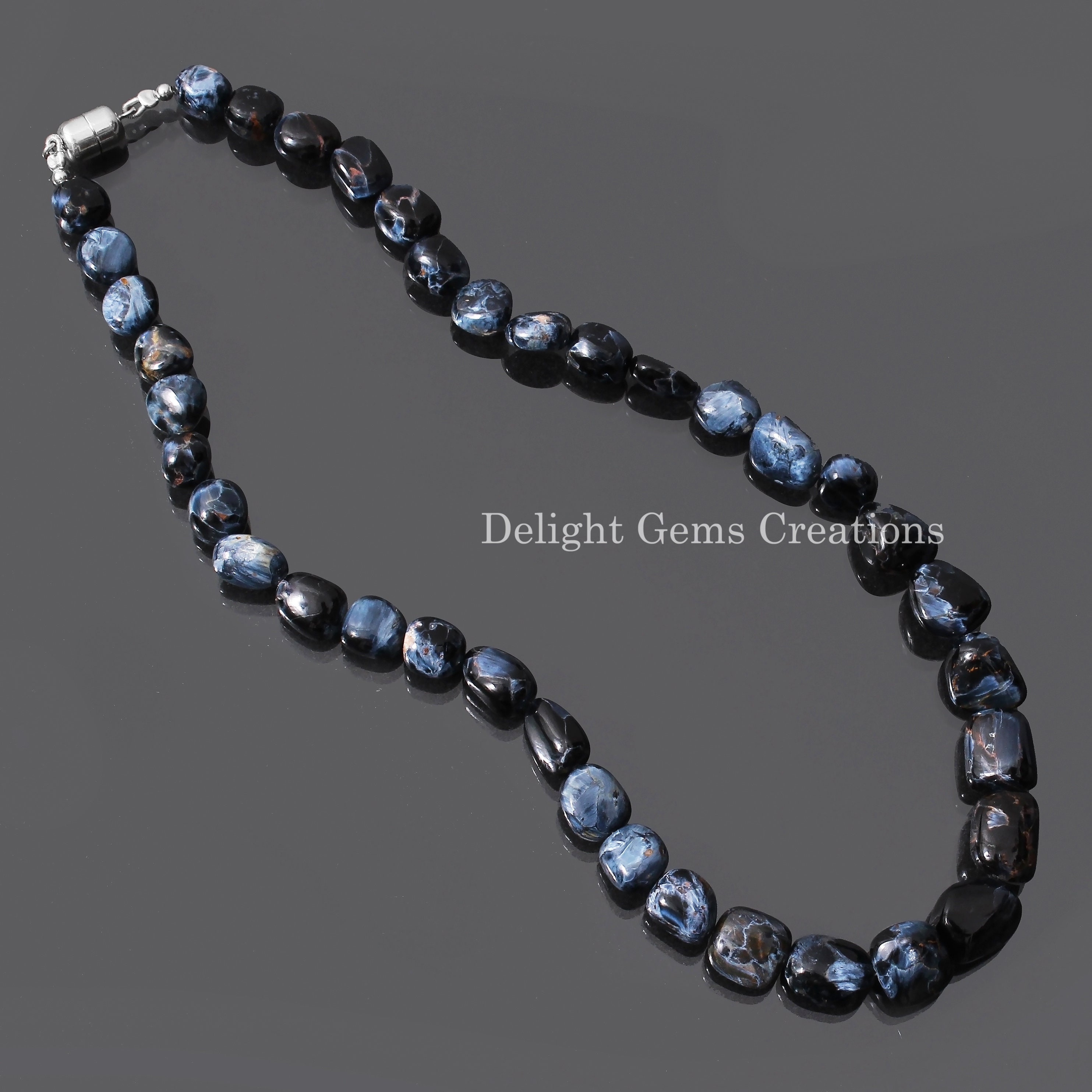 Mystic Blue: Pietersite Nugget Necklace, 8-14mm Blue Pietersite Tumble Bead Necklace, Beaded Necklace, Magnetic Clasp Necklace, Gift For Her