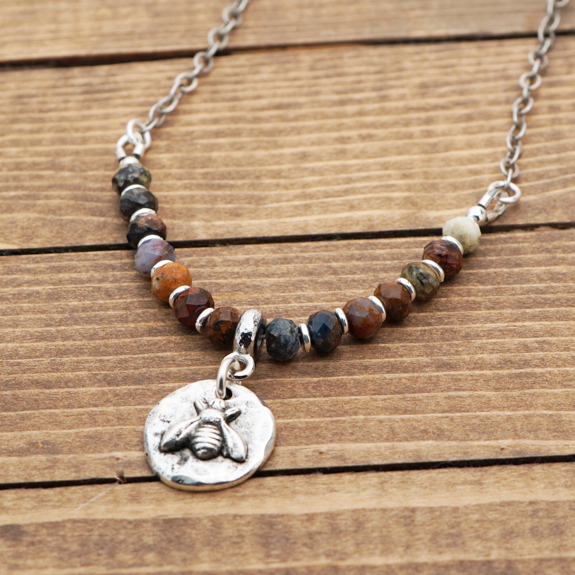 Silver Bee Necklace With Multicolor Pietersite Beads, Silver Tone Chain, Faceted Stone Beads, 20 Inches Long