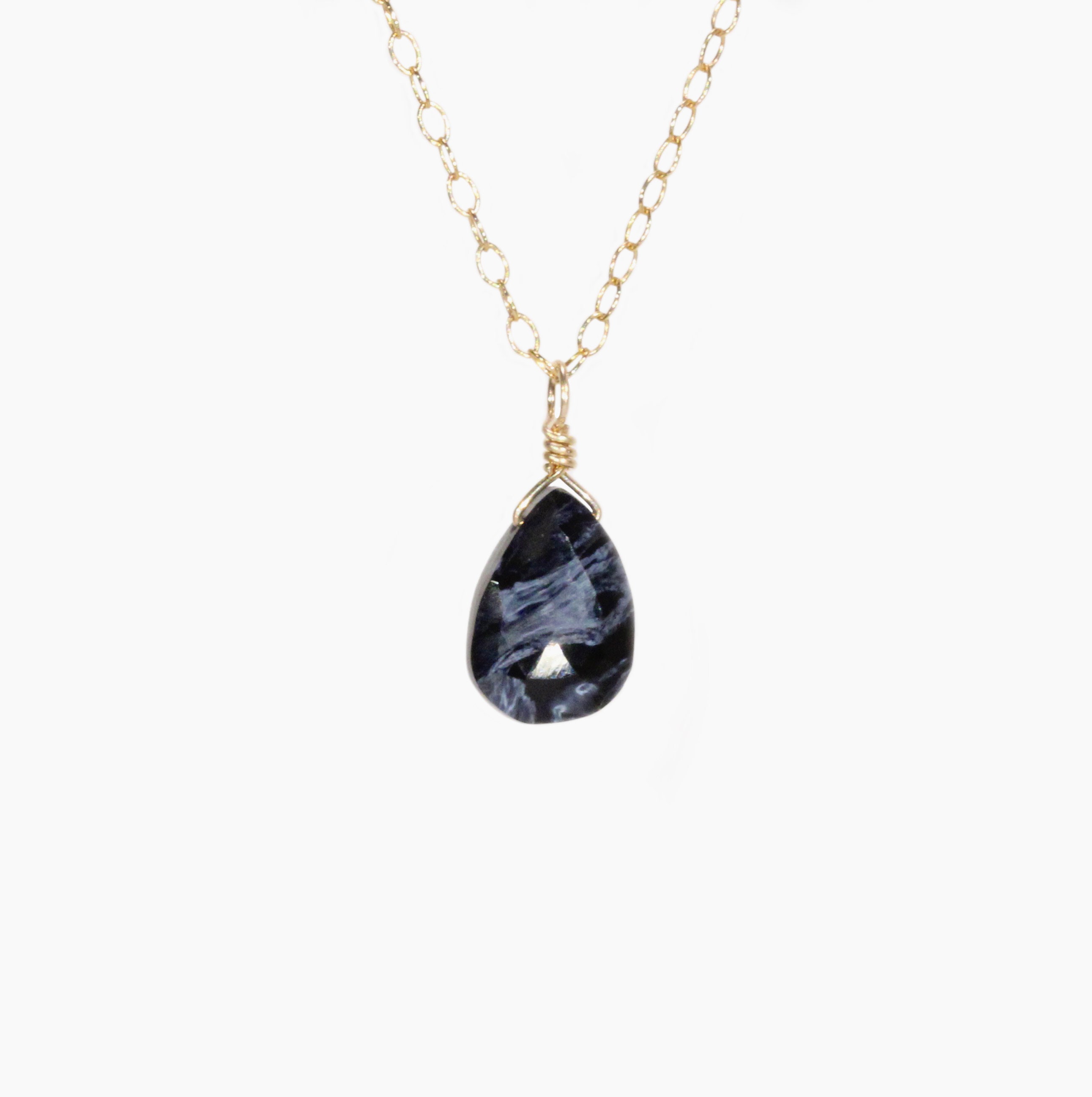 Pietersite Teardrop Necklace: 14k Gold Filled Chain, Tempest Stone
