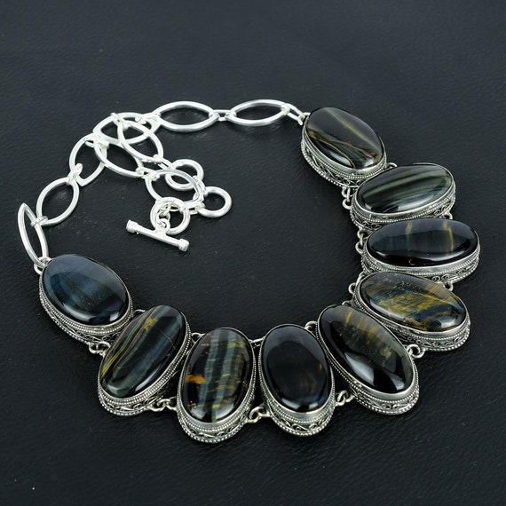 Vintage Pietersite Gemstone Necklace: Handmade 925 Sterling Silver, 18 Inch Adjustable Chain